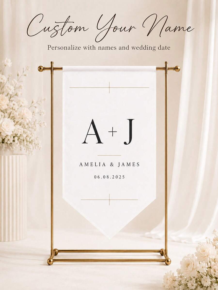 Personalized Wedding Fabric Welcome Sign, Modern Wedding Name Initial & Date Welcome Sign, Fabric Signage, Custom Wedding Sign, Bohemian Style Wedding Decor - Multicolor - View 1