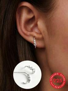 1 Pair S925 Sterling Silver Minimalist Gradient Geometric C-Shaped Stud Earrings With Synthetic Cubic Zirconia, Fashionable Korean Style, Delicate And Small, Elegant And Sophisticated, Versatile For Daily Commute And Casual Wear, Niche Gift For Girlfriend - Drilling - View 4