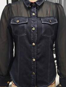 Women's Denim Fabric & Mesh Patchwork Shirt, Long Sheer Puff Sleeves, Button-Down With Fake Chest Pockets, Slim Fit Casual Top For Everyday Wear - 黑色和金色 - 查看 3
