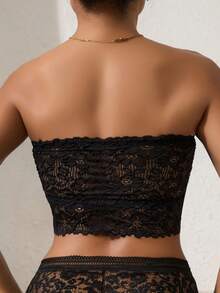1pc Women's Solid Color Lace Wireless Bra, Removable Padding With Transparent Shoulder Straps, Sexy Backless Camisole Top, Outerwear Inner Layer Anti-Exposure Lingerie Spaghetti Strap - Black - View 3
