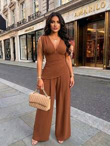 Elegant Women's Deep V Neck Ruched Bust Two Pieces Jumpsuit, Zipper Detail, Non-Stretch For Fall - Reddish Brown - View 3