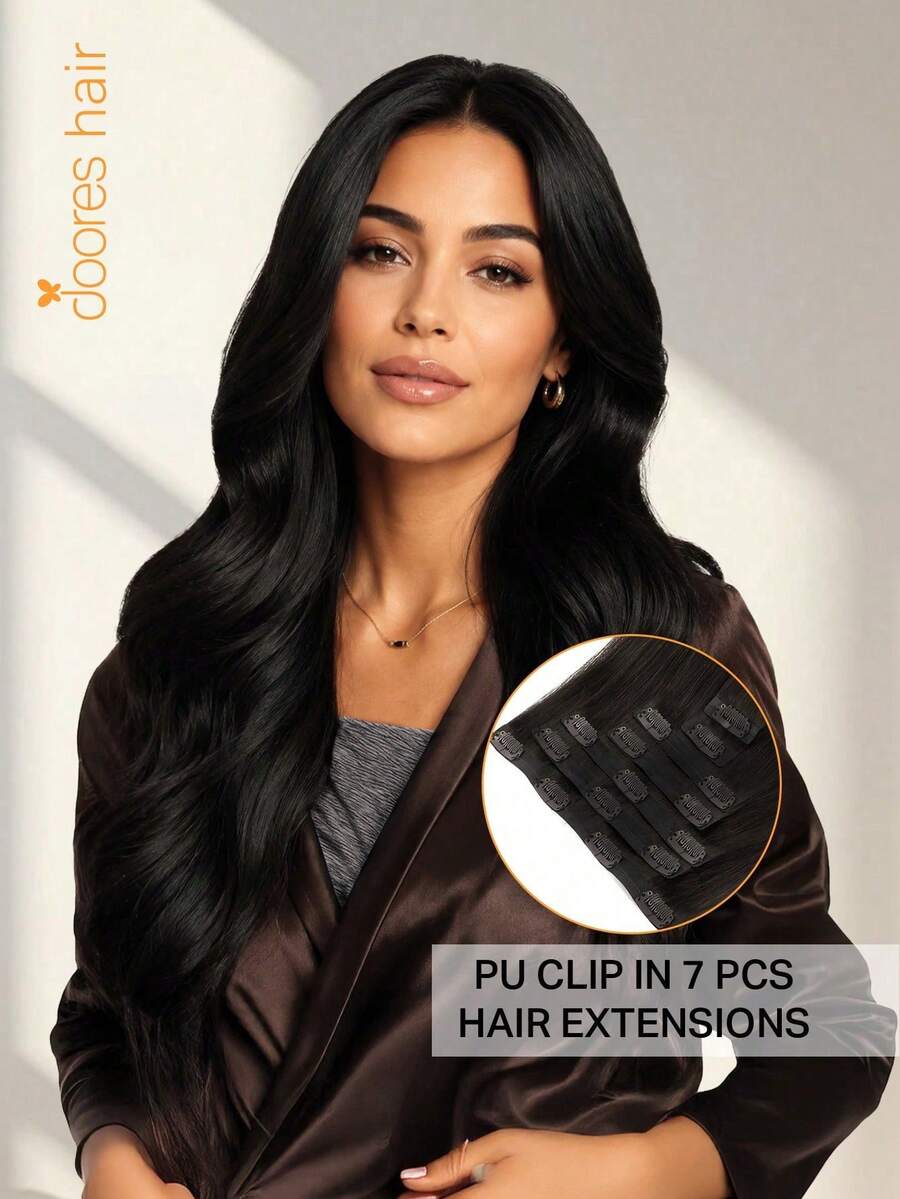 DOORES Extensiones de Cabello Humano Invisible Sin Costuras con Clips 130g-150g 7 piezas Negro Natural Liso Remy PU Extensiones de Cabello Invisible con Clips Peinable