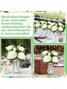 JZGZR 37 Pack Flowers With Vase Bulk 24 Bundles Artificial Peony Bouquet 12 Plastic Vase With 1 Pcs Rope Home Office Farmhouse Centerpiece Table Decor (White) - White - View 7