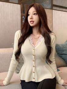 2026 Autumn/Winter New Minimalist Sexy Style Lace Patchwork Ribbed Knit Cardigan, Rich Girl Style Waist-Defining Ruffle Hem Slimming Long Sleeve Fall - Apricot - View 3