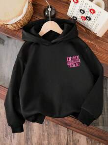 Tween Girl Letter Print Hooded Sweatshirt - Black - View 2