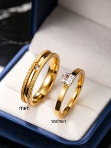 2pcs Exquisite Stainless Steel Gold Couple Rings With Frosted & Rhinestone Elements, Suitable For Men And Women Daily Wear, Holiday, Date, Engagement, Wedding Gift Jewelry (Includes Box) - Gold - View 5