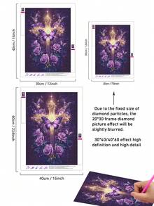 5D DIY Diamond Painting Kit, Gold Cross With Purple Roses And Butterflies Diamond Art Set, Dreamy Purple Religious Floral Wall Decor, Adult Stress Relief Diamond Painting, Handmade Wall Art, Crafting Fun - No Frame - View 4