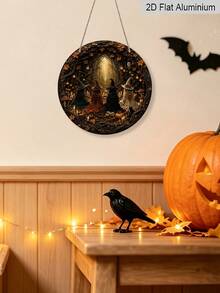 1pc Halloween Forest Witch Aluminum Hanging Decoration, 2D Flat Gothic Style Halloween Decoration, Halloween Gift, Gift For Witch Lovers, Home, Room, Entryway, Party, Cafe Decoration - Round - View 6