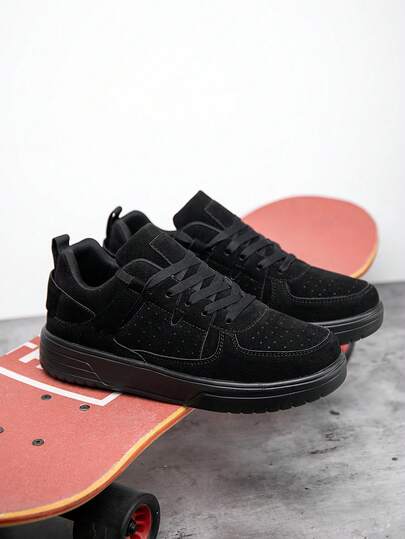 Men's Minimalist Pure Black PU Leather Patchwork Lace-Up Low-Top Sports Skateboard Shoes, Fashionable Versatile Daily Casual Comfortable Couple Shoes