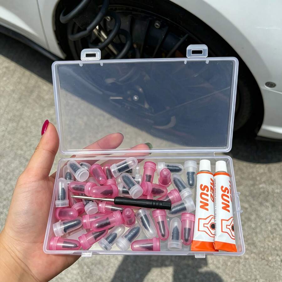 MXEASE Tire Repair Tool Kit, Original Camera Shot, Including Complete Set Of Accessories. Contains 40 Tire Repair Screws, 1 Screwdriver, And 2 Bottles Of Repair Glue. Suitable For Emergency Repair Of Car, Motorcycle, And Bicycle Tires