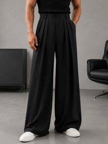 HEYKESON Men's Pleated Wide Leg Suit Pants, Draped Business Casual Formal Trousers - Black - View 2