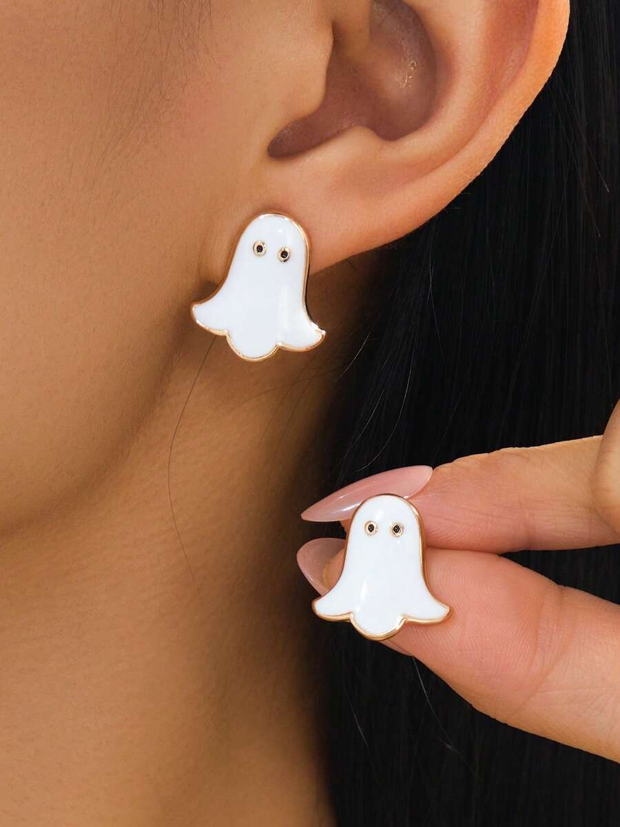 1 Pair Fashion Minimalist Halloween Ghost Drip Oil Stud Earrings For Women Daily Wear - White - View 1