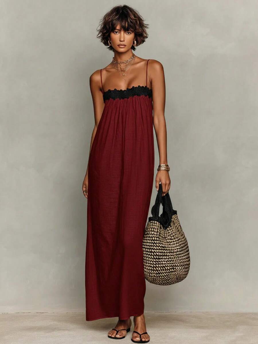 Womens Spaghetti Strap Maxi Dresses 2026 Summer Casual Sleeveless Smocked Boho A Line Long Flowy Beach Sundress - Burgundy - View 1