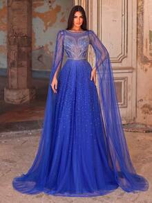 Faeriesty Elegant Mesh Overlay Evening Gown: Luxurious Rhinestone Extra Long Sleeve Dress Wedding Party Fall - Royal Blue - View 2