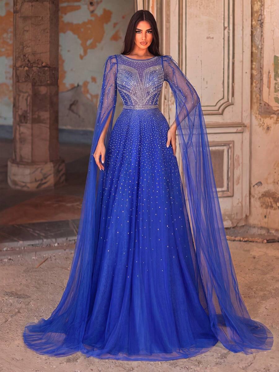 Faeriesty Elegant Mesh Overlay Evening Gown: Luxurious Rhinestone Extra Long Sleeve Dress Wedding Party Fall