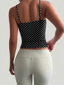 Muse Moon Women's Sexy Fitted Casual Solid Color Knit Tank Top, Suitable For Sports, Daily Wear, Work Commute - Black Background With White Polka Dots - View 3