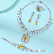 1 Set 4pcs Luxury Rectangular Full Cubic Zirconia Necklace, Earrings, Ring, Bracelet Women's Jewelry Set For Wedding, Evening Party, Dress Accessories - Square - View 9