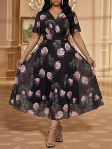 Fleurora Plus Size Women's Dress,Floral V-Neck Flared Sleeve Vintage Wedding Guest Vacation Elegant Summer - Multicolor - View 6