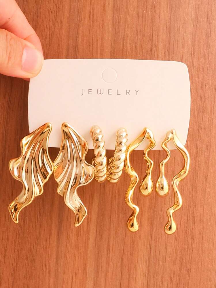 3 Pairs/9 Pairs Sweet & Cool Personalized Gold Earrings Set, Star, Starfish, Asymmetrical Wave, Twisted C-Hoop Combination, American Vintage Niche Elegant Ear Jewelry, High-End Metal Style Accessory, Versatile For Daily Commute, Party, Beach, Layered Outfit Vibe, Unique Design, Birthday Gift - Gold - View 8