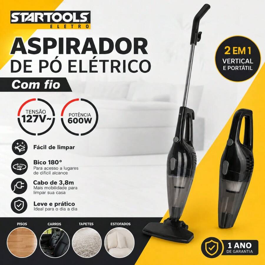 Aspirador de Pó Vertical 2 em 1 600W Com Fio 127V Portátil Filtro Lavável - 127 v - Visão 1