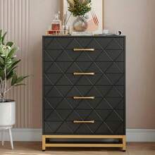 Cómoda de 4 Cajones para Dormitorio – Diseño Moderno con Tiradores Dorados y Patas Metálicas, Cajones Profundos, Organizador de Ropa para Clóset, Recámara o Entrada​ - Negro - Ver 4