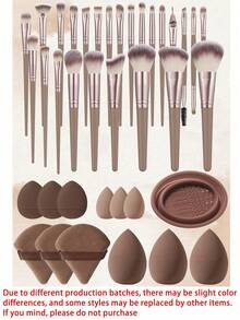 Conjunto de Ferramentas de Maquiagem com 23 Peças, Pincéis de Maquiagem, Esponjas de Maquiagem, Mini Esponjas de Maquiagem, Almofadas de Pó Triangulares, Mini Almofadas de Amortecimento, Ferramenta de Limpeza de Pincéis de Maquiagem - Café - Visão 1