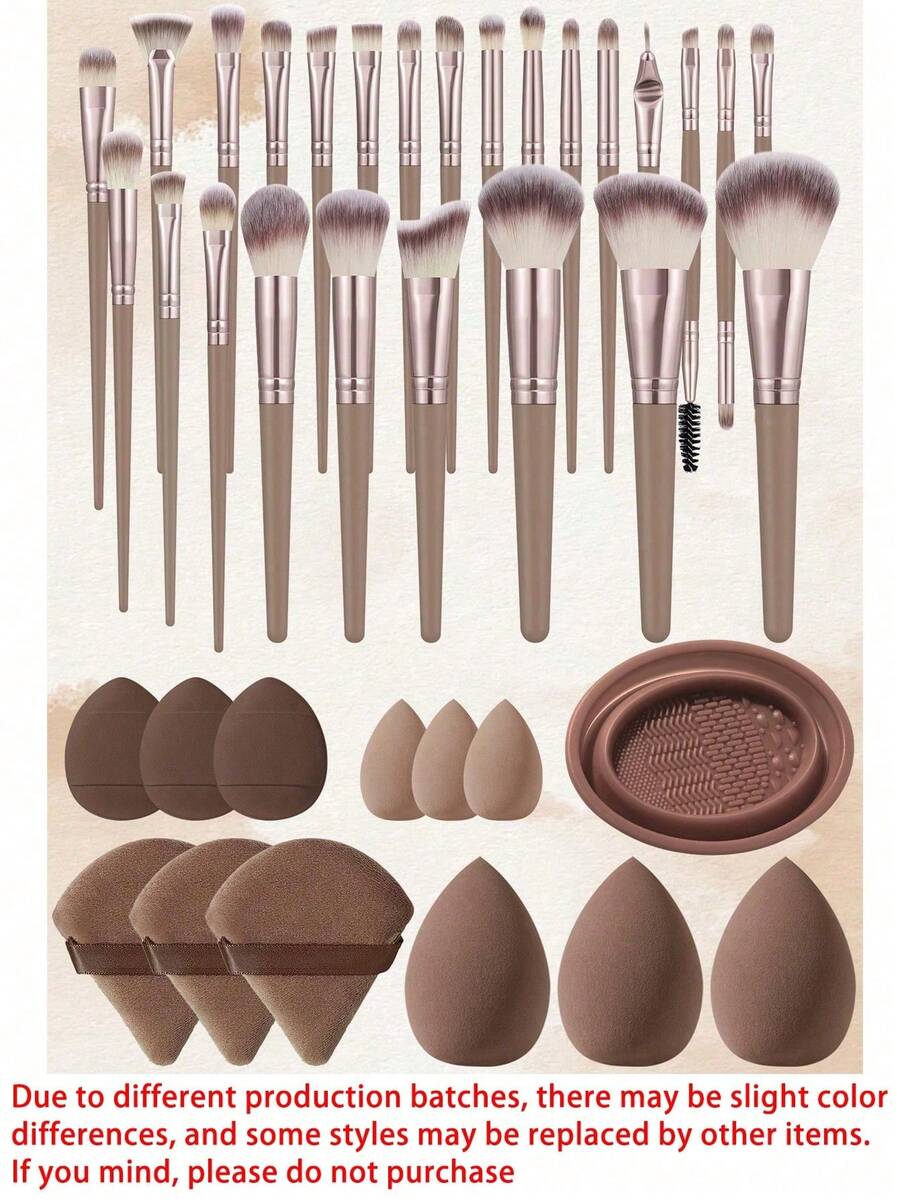 Conjunto de Ferramentas de Maquiagem com 23 Peças, Pincéis de Maquiagem, Esponjas de Maquiagem, Mini Esponjas de Maquiagem, Almofadas de Pó Triangulares, Mini Almofadas de Amortecimento, Ferramenta de Limpeza de Pincéis de Maquiagem - Café - Visão 1