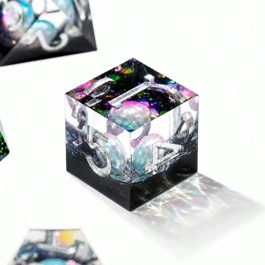 Ocean Pearl Dice - 7 Clear Resin Polyhedral Silver Numbered - Nautical Role Playing Game Ocean Theme Sharp Edge Dice - Multicolor - View 1