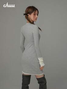 CHUU Women's 2 In 1 Patchwork Long Sleeve T-Shirt, Autumn Letter Print Split Hem Mid-Length Top - Grey - View 2