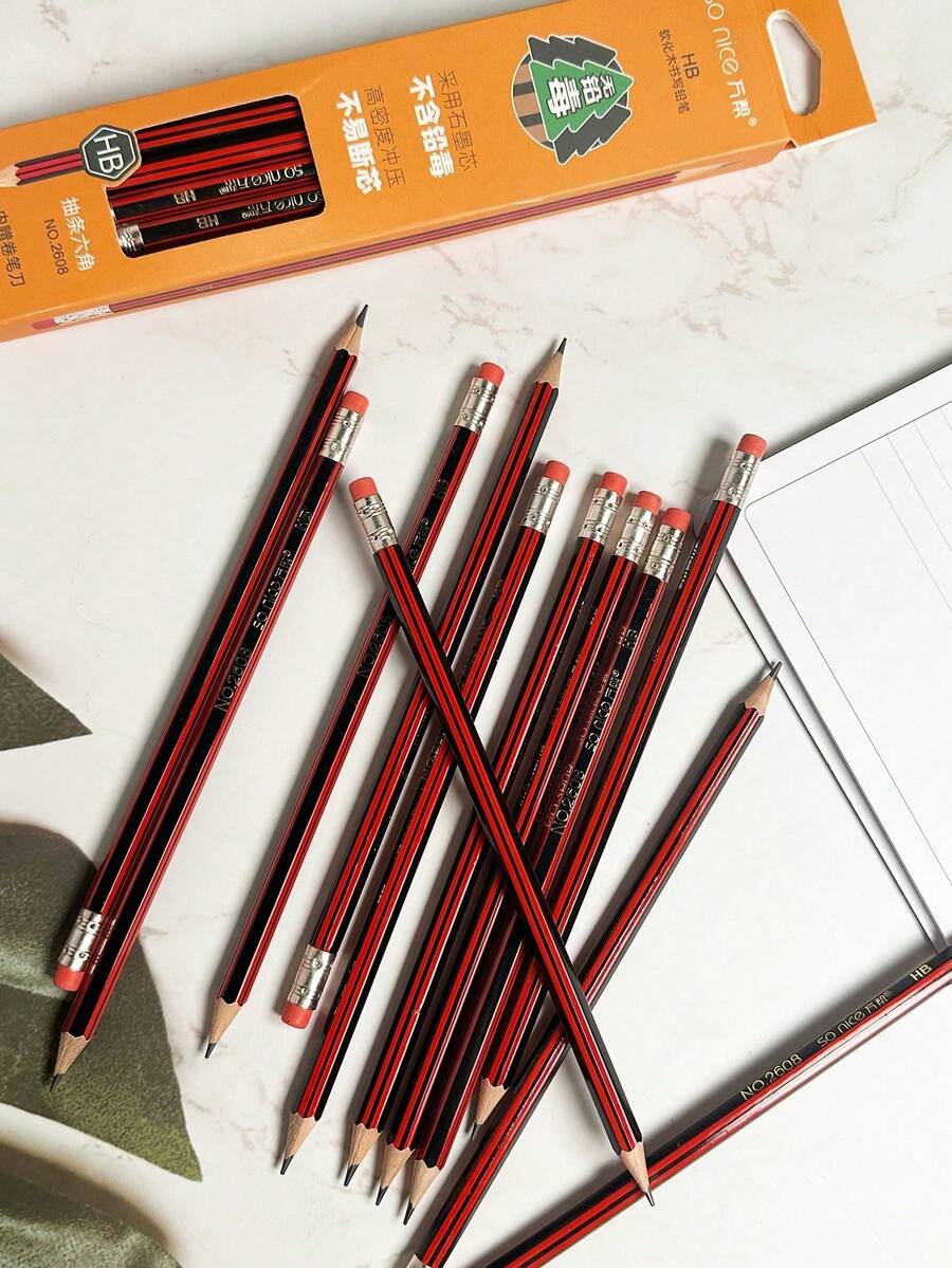 12支簡單紅黑條紋橡皮擦鉛筆+1個鉛筆削筆器,易於削尖,握感舒適,辦公書寫,學生文具六角鉛筆,繪圖與素描鉛筆套組,返校文具用品 - 彩色 - 查看 1