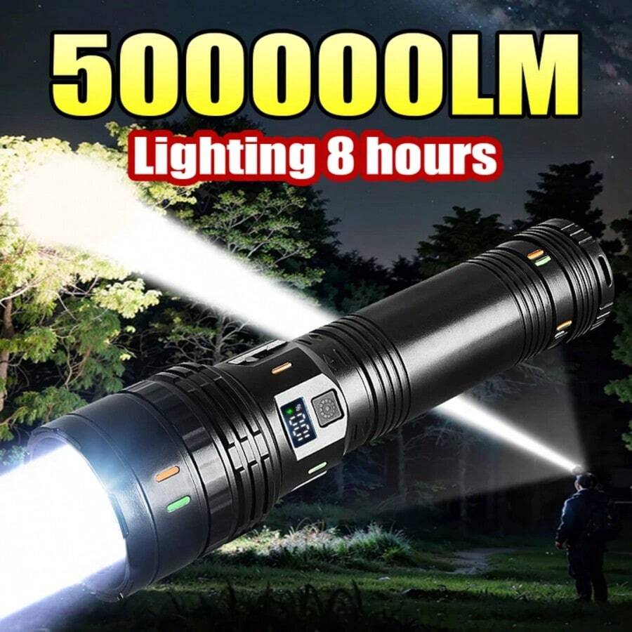 1 قطعة مصباح يدوي تكتيكي فائق السطوع 500000LM قابل للشحن عبر Type-C ببطارية مدمجة، 4 أوضاع إضاءة مقاوم للماء قابل للتكبير بعيد المدى للتخييم والصيد والاستخدام في حالات الطوارئ هدية مثالية للعطلات