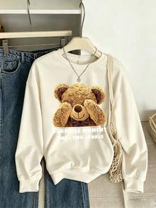 Soft Cute Bear Covering Eyes Print Crew Neck Sweatshirt, Sweet Surprise Slogan Pullover Top, Y2K Adorable Style Casual Long Sleeve, Gentle Atmosphere Daily Home & Street Versatile Outerwear - Apricot - View 7