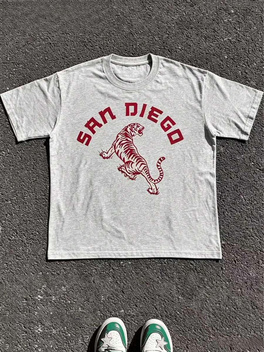 1pcs Vintage San Diego Tiger Graphic T-Shirt, Unisex Tee For Men Women, 100% Cotton Retro Funny Print Top, Summer Casual Daily Outfit - 灰色5 - 查看 1