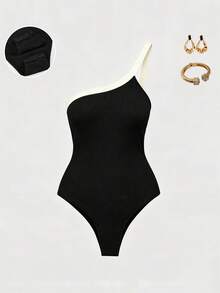 Women's Black Sleeveless One Shoulder Bodysuit In Ribbed Knitted Fabric, Featuring Contrast Collar, Backless Detail, And Bodycon Fit - Black - View 7