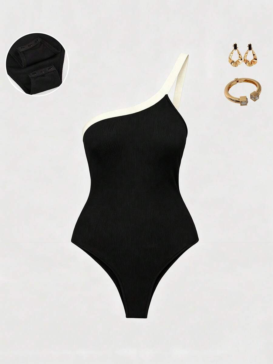 Women's Early Autumn Colorblock One-Shoulder Ribbed Bodysuit, Simple Elegant Slim Fit Elastic Sleeveless Top, Suitable For Commuting, Outings, Birthdays And Various Special Occasions - Black - View 1