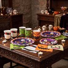 10/20/70pcs Cute Funny Monster Halloween Disposable Tableware Set, Mummy Monster Fang Pumpkin Ghost Print Paper Plates Cups Napkins, Halloween Party Disposable Tableware, Halloween Trick Or Treat Table Decor - View 3