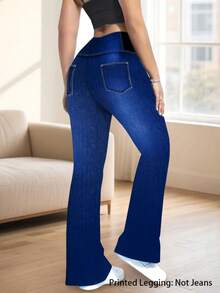 Women's Plus Size Slim Fit Denim Effect Printed Flare Pants, Medium Stretch, Exquisite Details, Fashionable And Comfortable - Blue - View 3