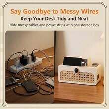 Caja organizadora de cables, de ABS con aspecto de ratán, para cables y regletas de enchufes, ideal para escritorio, espacio de trabajo, hogar y oficina (blanco). - Beis - Ver 5