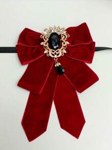 1pc Vintage Court Style Burgundy Velvet Double Layer Bow Tie With Gold Hollow Flower Frame Black Gemstone Teardrop Pendant Adjustable Neck Cord, Wedding Dress JK Shirt Christmas Atmosphere Neck Accessory For Halloween Cosplay Party, Event, Photo Shoot - Red - View 10