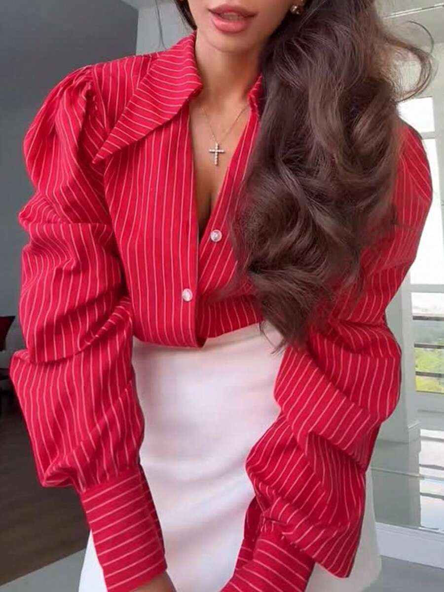 Women's Fashion Elegant Commute Lapel Long Sleeve Striped Shirt, Solid Color Front Button-Down Office Daily Autumn/Winter