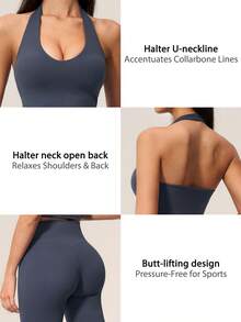 TimeOff Women's One Set Solid Color Halter V-Neck Cropped Tank Top & High Waist Mid-Length Shorts Sports Outfit - Navy Blue - View 4