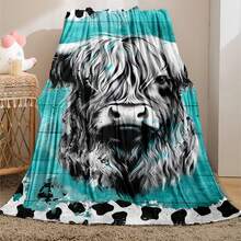 1pc Cow & Bull Pattern Soft Comfortable Flannel Blanket, Warm Cozy Nap Blanket For School Dorm Office, Bedding For All Seasons, Sofa Bed, Outdoor Camping, Gift - Mint Blue - View 3
