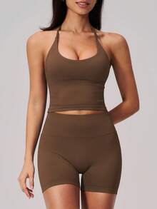 NcmRyu Women's One Set Solid Color Halter Neck Backless Tank Top Wide Ribbed High Waist Tight Shorts Sports Outfit - Brown - View 5