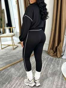 Fall Women's Casual Sports Set: Two Pieces Set With A Collared, Long-Sleeved, Zippered Top And Elastic-Waist Leggings - Black - View 4