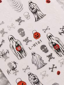 3pcs Halloween Day Of The Dead Self-Adhesive Pumpkin Lantern Ghost Skeleton Witch Spider Web Pattern Nail Art Decoration Metal Silver Dark Horror Party Autumn Winter Holiday DIY Nail Artist Supplies Nail Stickers - Multicolor - View 5