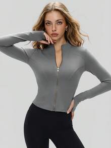 NcmRyu Women's 1pc Metal Zipper Small Stand Collar Thumb Hole Long Sleeve Slim Fit Sports Jacket - Grey - View 7