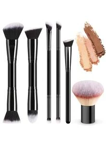 Anfänger Doppelseitiges Make-up Pinsel Set 6 Stücke, Doppelkopf Foundation & Rouge Pinsel, Doppelwinkel Kontur & Highlighter Pinsel, Doppelspitze Concealer & Lidschatten Pinsel, Farbverlauf Borsten Tragbarer Puder Pinsel, Komplettes Make-up Werkzeug Set für Basis, Kontur und Augen Make-up - Verschiedenfarbig - Übersicht 12