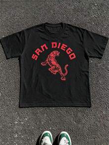 1pcs Vintage San Diego Tiger Graphic T-Shirt, Unisex Tee For Men Women, 100% Cotton Retro Funny Print Top, Summer Casual Daily Outfit - 黑色 5 - 查看 1