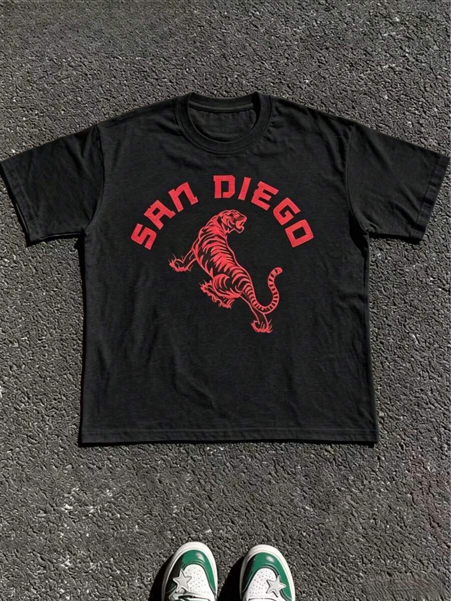 1pcs Vintage San Diego Tiger Graphic T-Shirt, Unisex Tee For Men Women, 100% Cotton Retro Funny Print Top, Summer Casual Daily Outfit - 黑色 5 - 查看 1