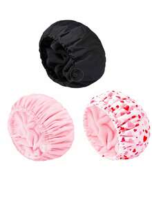 3/1pc New Adjustable Size Terry Cloth Shower Cap Waterproof Polyester Bath Cap Absorbent Microfiber 3-In-1 Hair Drying Cap - Multicolor - View 2